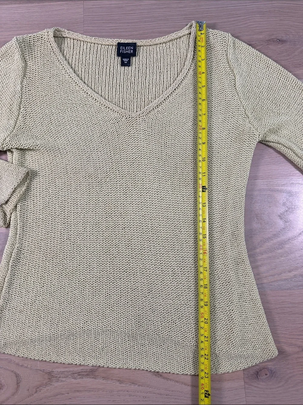 EILEEN FISHER 100% Silk V-Neck Knit Sweater Sage Green Gold Medium